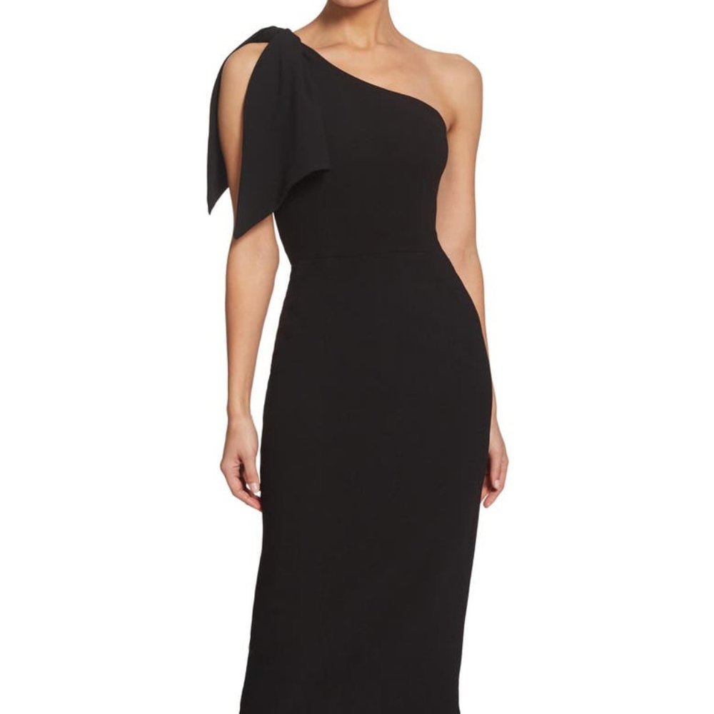 Dress the Population Black Asymmetric One-Shoulder Bow Midi Dress